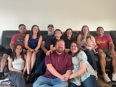 Wanda and Richard's daughter, Lorine, her husband, Bil, their daughters Jinell, Rebekah, and Daun, along with their husbands, Ricardo, Jose and Eric, and Lorine and Bil's three grandchildren, Jocelynn, Ezekiel, and Kira.